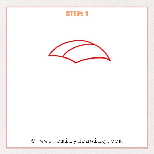 how to draw a cartoon volleyball - Step 1 of a cartoon volleyball drawing shows a domed top arc with a second inner arc and a small center dip starting the panel lines.